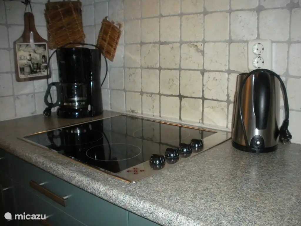 Küche mit 4-Flammen-Cerankochfeld, Dunstabzugshaube, Wasserkocher, Kaffeemaschine, Toaster und Mikrowelle sowie einem neuen Kühlschrank mit Gefrierfach.
schöne Pfannen und ein Sandwichmaker