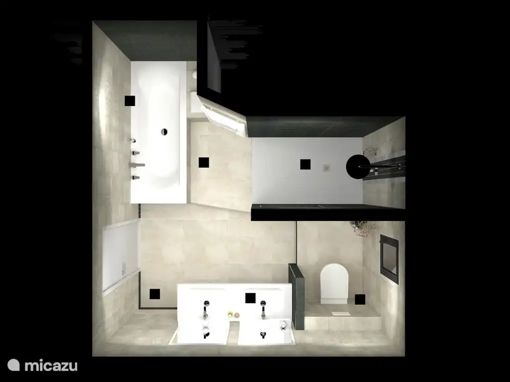 Badkamer met douche toilet en ligbad op boven verdieping