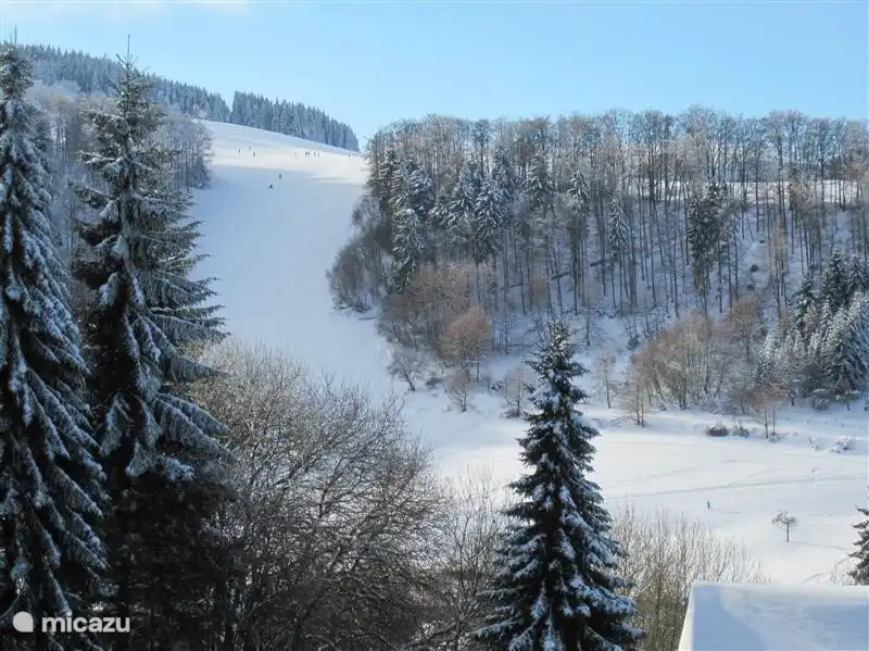 Der Blick vom Haus im Winter: die Skipiste von Schwalefeld. Hier wird leider nicht mehr Ski gefahren, da es ein paar Kilometer weiter in Willingen noch viele weitere Pisten gibt. Diese sind zudem künstlich beschneit und beleuchtet, sodass Sie fast den ganzen Winter über Ski fahren können.