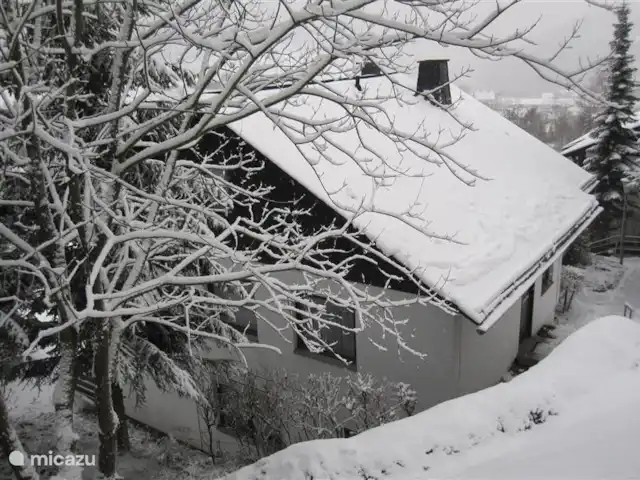 Maison Bergzicht | Allemagne, Sauerland, Willingen - appartement C'est la maison vue depuis le sentier qui passe juste au-dessus de la maison et à partir duquel vous marchez directement dans la forêt.
En hiver, c'est comme une carte de Noël.
Ici la maison pendant une tempête de neige.