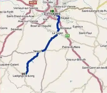 Route map from Limoges inside to Ladignac le Long