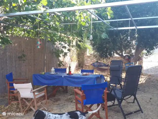 Paradisi Edo en Grecia, Peloponeso, Germa - casa vacacional La pérgola, cubierta por la higuera de la vecina, da sombra. Agradables veladas con comida y bebida juntos. luces encendidas cuando oscurece.