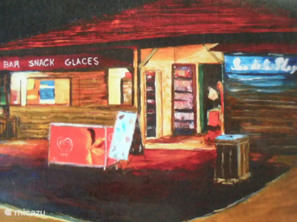 Schilderij van strandhuis, het eten (vis/gamba's en vlees) is er heerlijk