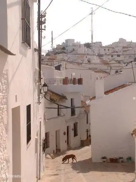 Eine Straße in Comares. Comares ist ein Geschäft, eine Apotheke und eine Post, zwei Banken, ein Hotel und einige Restaurants.