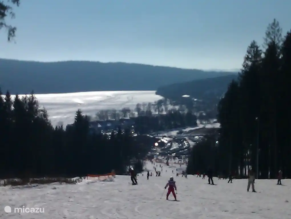 Skipiste mit Blick auf zugefrorenen See Lipno