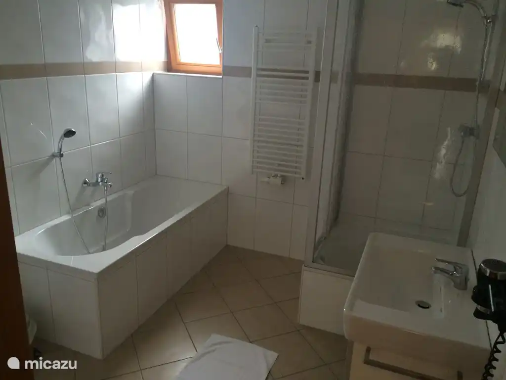 Luxe badkamer met bad, aparte douce, wastafel, toilet en fohn