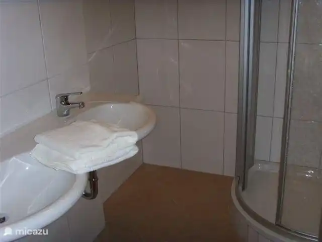 Tweede badkamer met douche en dubbele wastafel