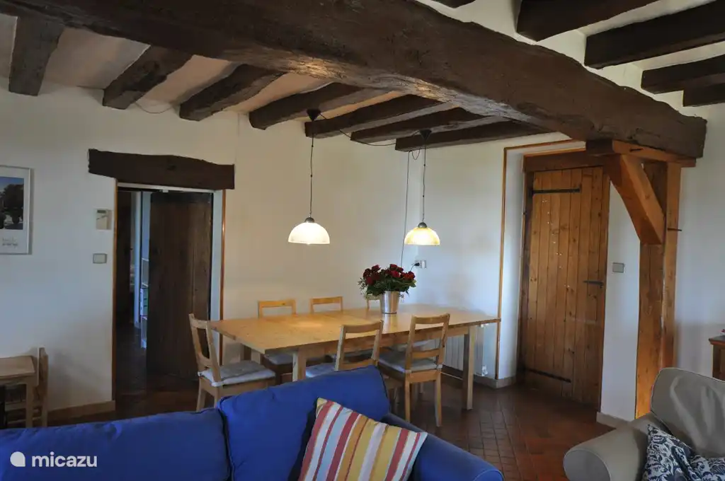 Cozy living room with fireplace, comfortable seating and a large extendable dining table (12 pers.).