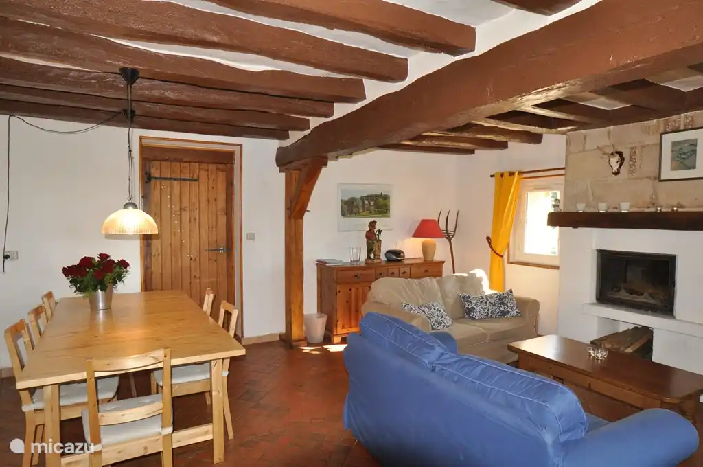 Cozy living room with fireplace, comfortable seating and a large extendable dining table (12 pers.).