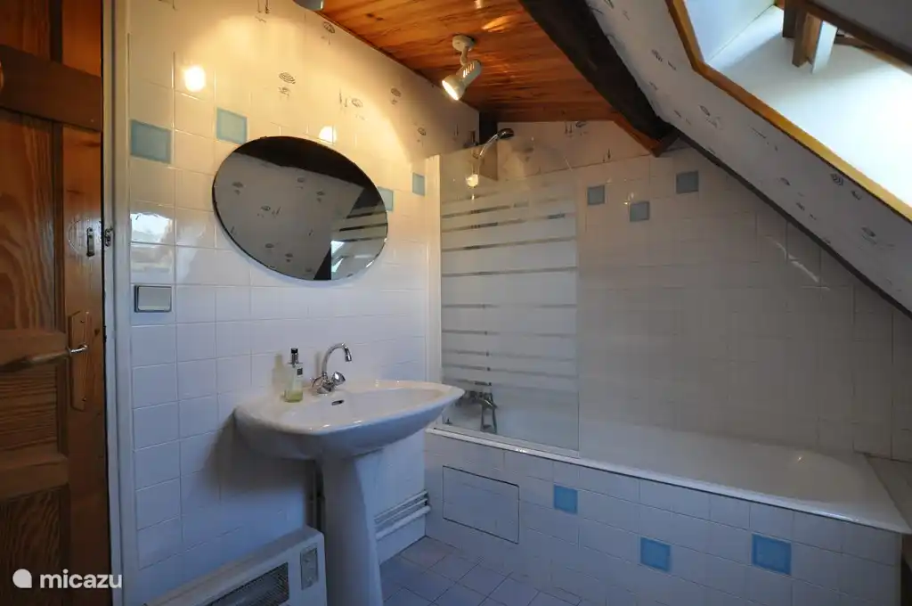 Upstairs bathroom with bath (shower) and toilet.