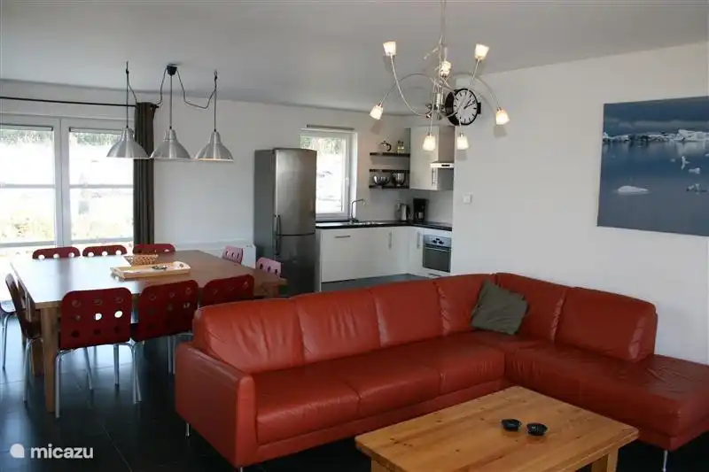 The living room and kitchen