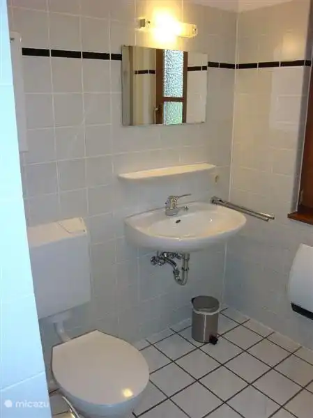 Badezimmer mit Dusche, WC und Waschbecken. In der Halle gibt es eine zweite Toilette mit Waschbecken.