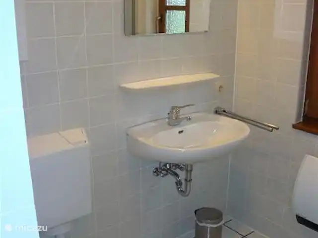 frankenau hasewinkel en Alemania, Sauerland, Frankenau - casa vacacional Cuarto de baño con ducha, inodoro y lavabo. En el pasillo hay un segundo baño con lavabo.