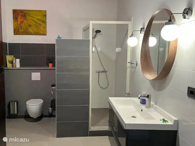 Casa Motta Camastra en Italia, Sicilia, Motta Camastra - casa vacacional El cuarto de baño con ducha, WC, lavabo con secador de pelo.