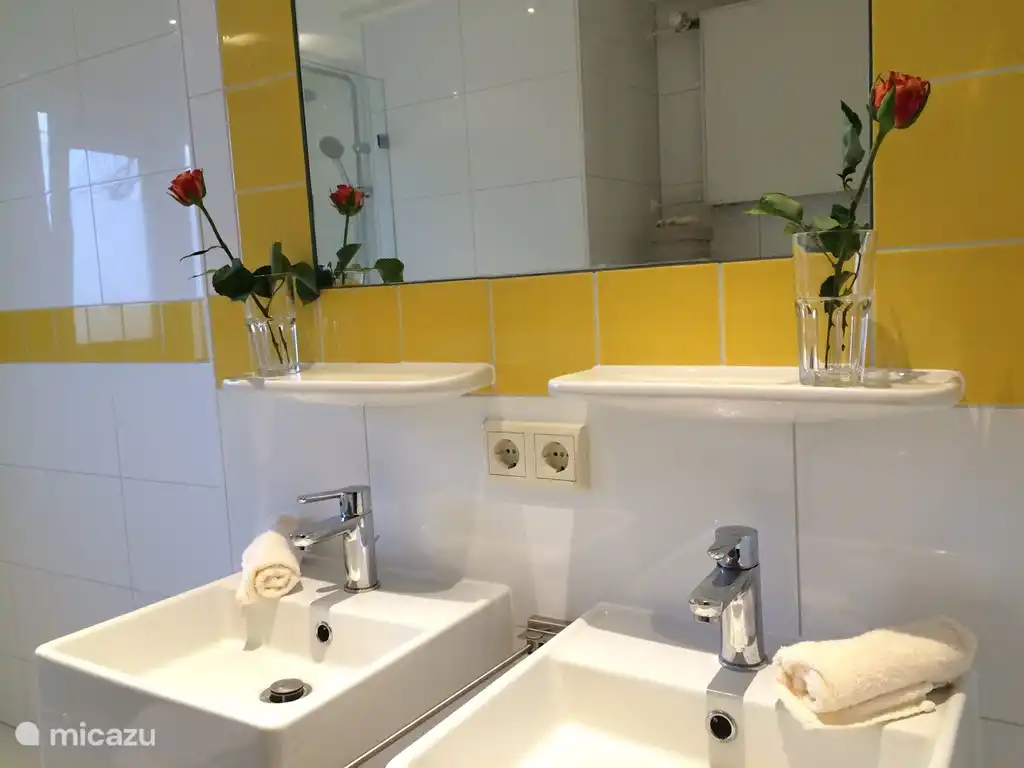 Mordern Badezimmer mit Dusche, WC und Waschbecken. Auch Waschmaschine und Trockner. Anderswo, auch zwei Waschbecken.