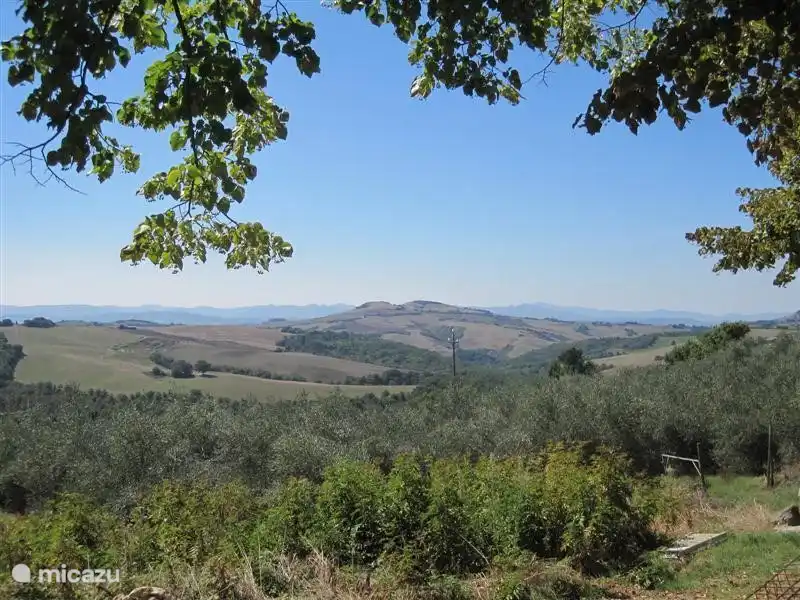 Vue depuis la route de campagne en face des maisons de vacances. Environ 100 mètres