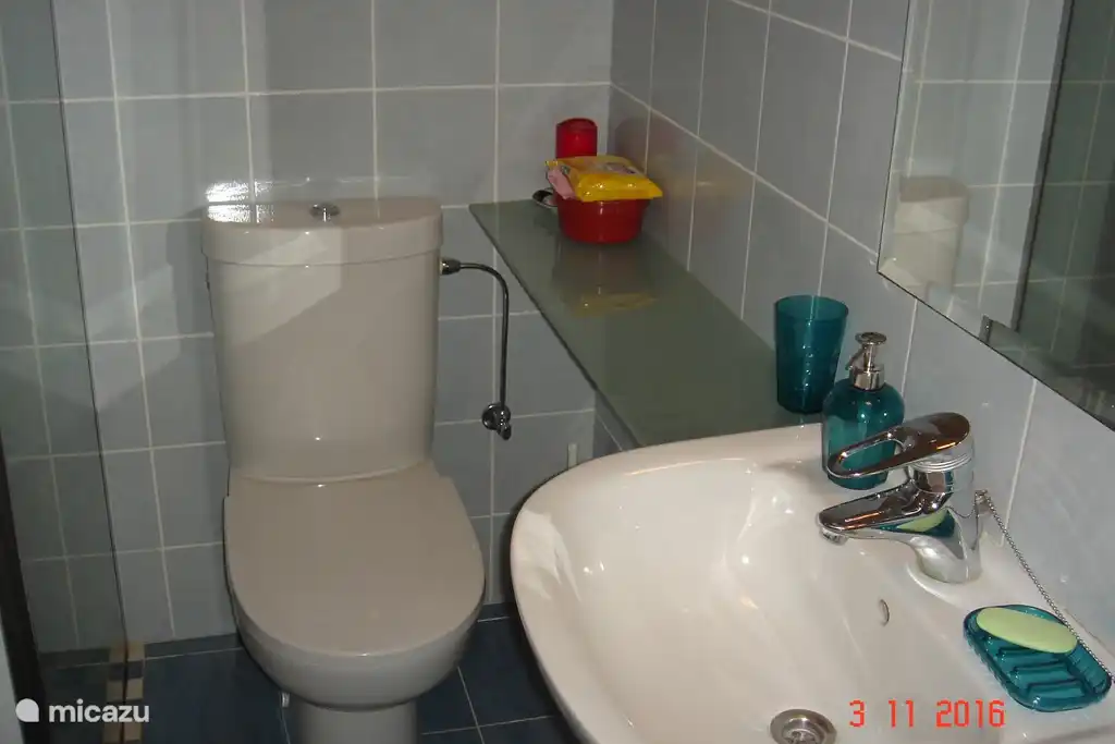 Blue bathroom with shower, toilet and sink.