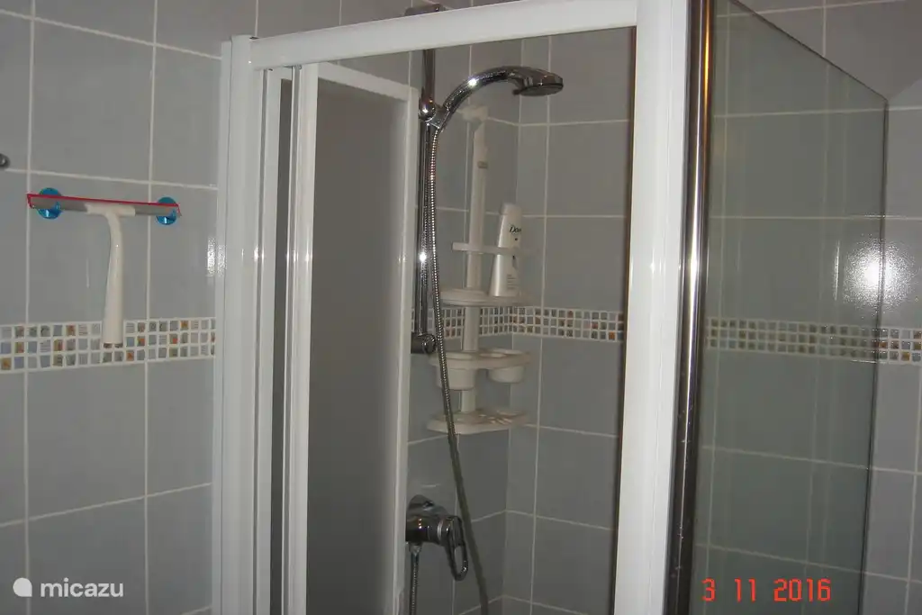 Still in the blue room. We just replaced the shower curtain with a beautiful folding door.