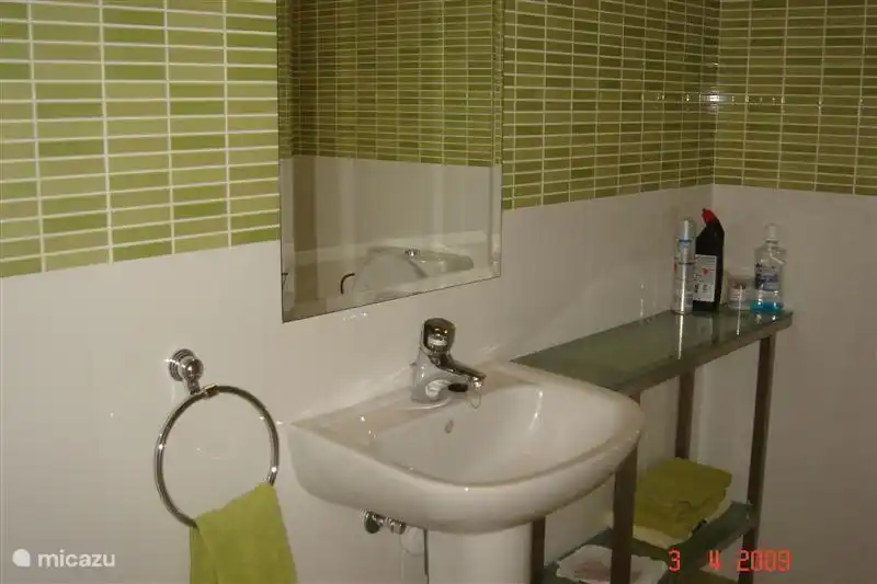 Green bathroom. Fresh appearance. Plenty of towels inthe house. 