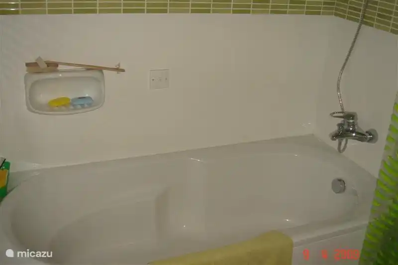 Bath in the green bathroom, it is also equipped with a toilet.