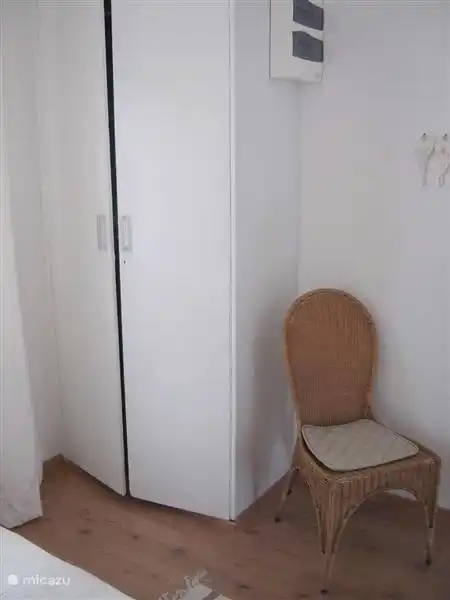 3 bedroom, closet with shelves and fan.