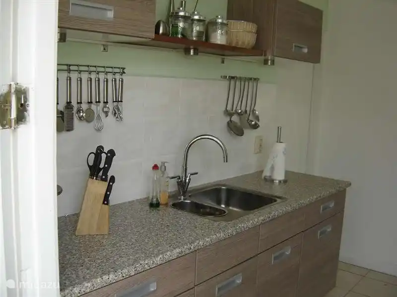 kitchen with hot and cold water tap and luxury cookware made of stainless steel.