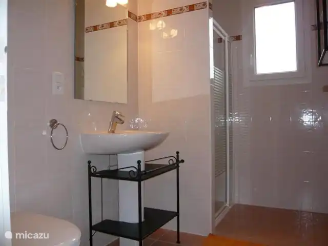 Les Palmiers à Vallon en Ardèche | France, Ardèche, Vallon-Pont-d'Arc - villa La salle de bain à l'étage dispose d'une douche. Les deux salles de bains ont également des toilettes, mais il y a des toilettes séparées dans le hall.