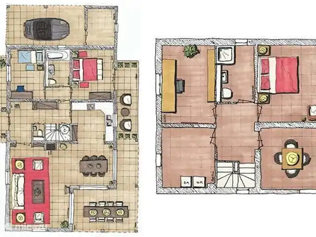 Les Palmiers à Vallon en Ardèche | France, Ardèche, Vallon-Pont-d'Arc - villa c'est un plan dessiné de la maison, pas tout à fait correct d'ailleurs : les terrasses sont beaucoup plus grandes, par exemple