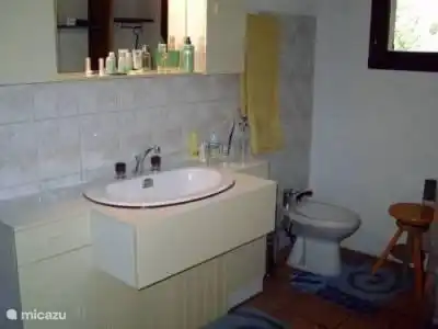 Share bathroom with a bath with shower, sink, a bidet and a wardrobe.