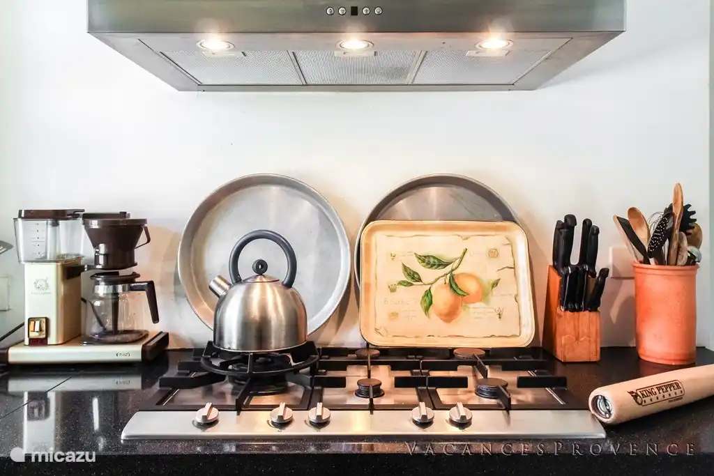 Cuisine au rez-de-chaussée avec lave-vaisselle, 2 réfrigérateurs, cuisinière 5 feux, four, micro-onde, Nespresso, bouilloire et cafetière