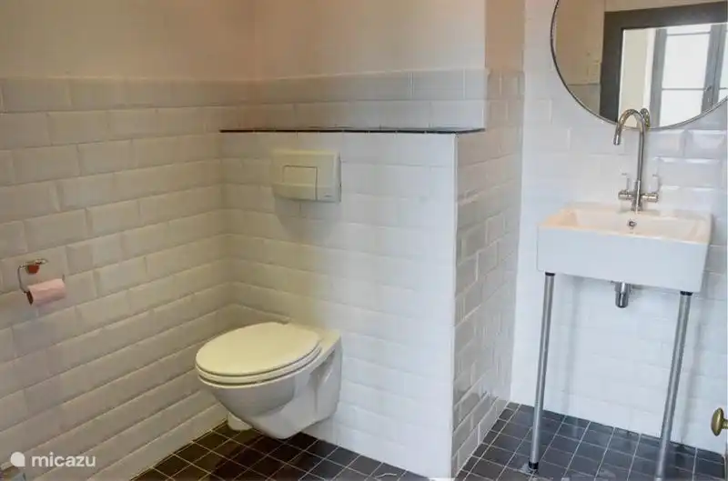 WC und Waschbecken im zweiten Badezimmer. Schöne Pariser U-Bahn-Fliesen, Halogen-Beleuchtung und Heizkörper.