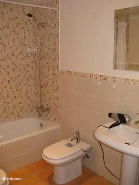 Cuarto de baño con bañera, ducha, bidé, lavabo e inodoro.