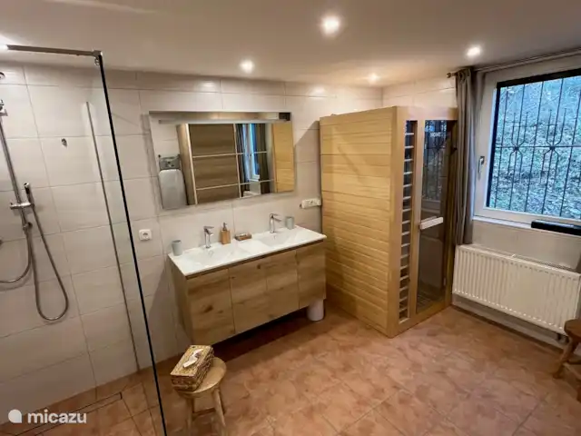 zum hirsch en Alemania, Eifel, Uedelhoven - chalet El cuarto de baño está equipado con inodoro, lavabo doble, ducha a ras de suelo y sauna de infrarrojos