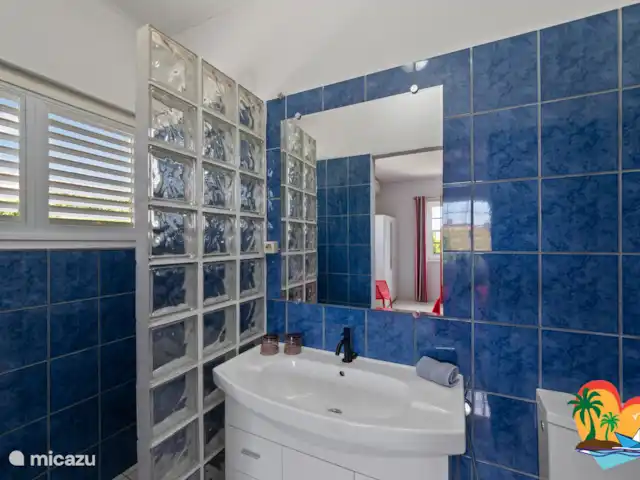 Maison Tropicale Salina | Curaçao, Curaçao-Centre, Willemstad - maison de vacances Salle de bain dans la chambre principale avec douche, meuble vasque, toilettes et sèche-cheveux