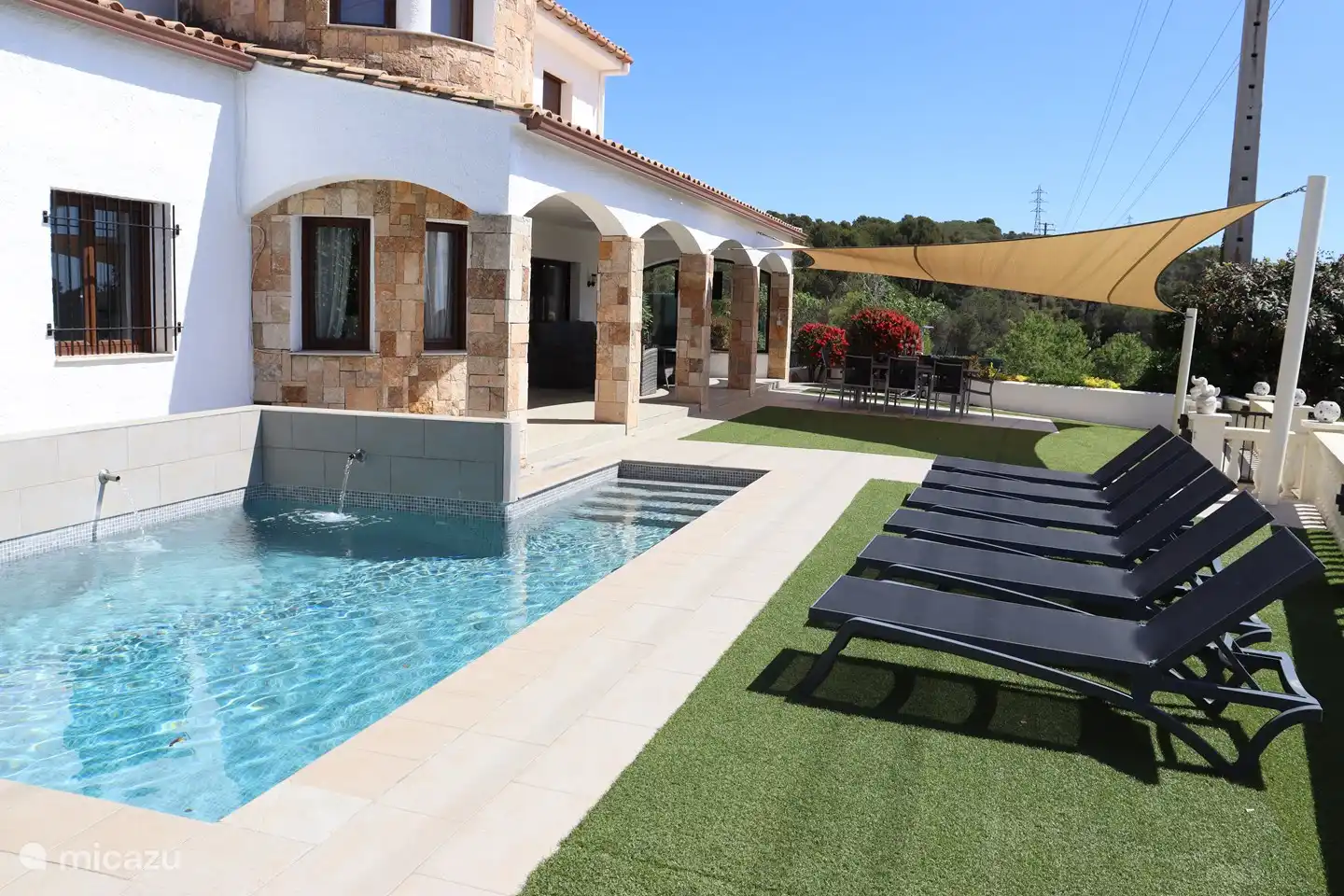 Übersicht Terrasse mit Kunstrasen mit Swimmingpool