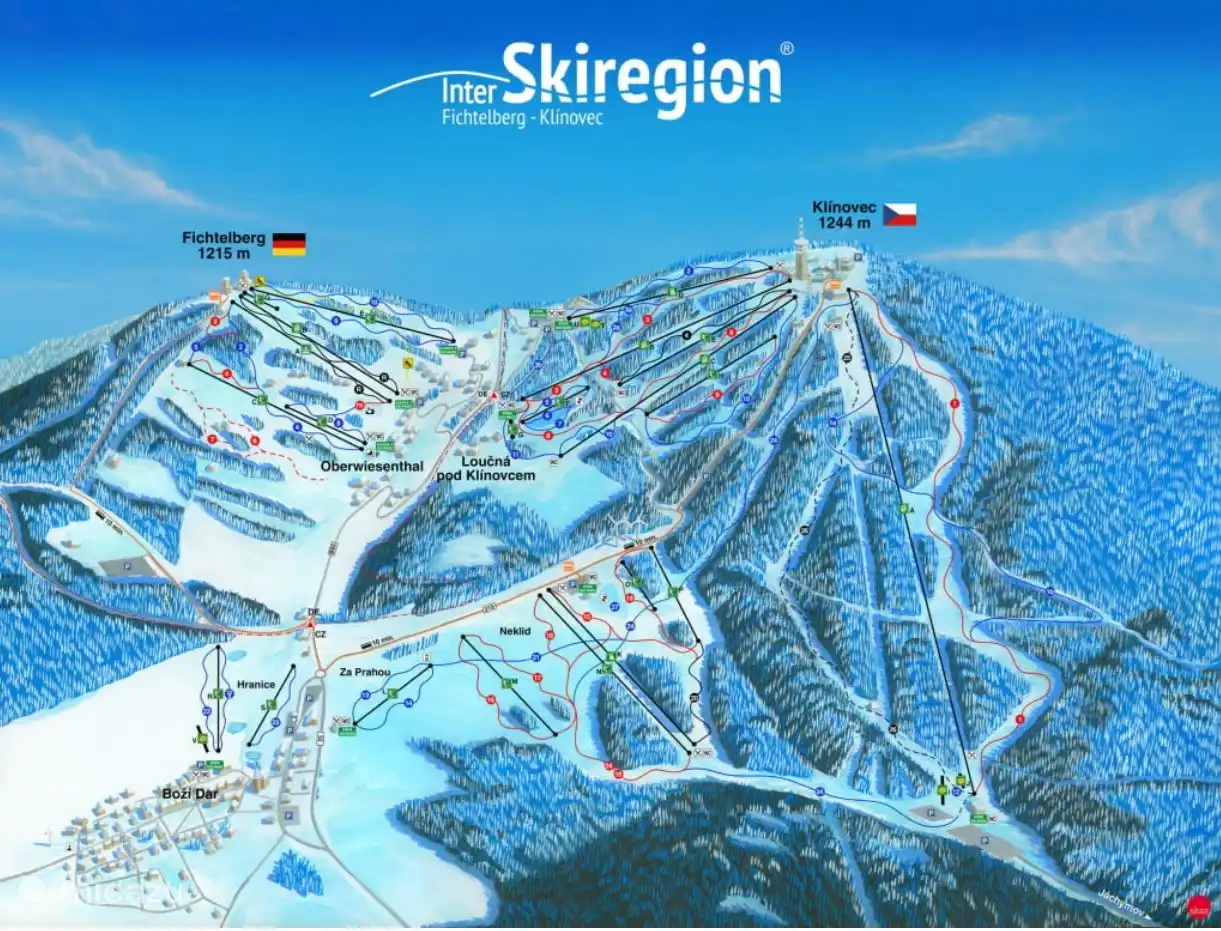 Das beliebteste Skigebiet im Erzgebirge ist das grenzüberschreitende Fichtelberg-Klínovec. Die InterSkiregion Fichtelberg-Klínovec bietet einen gemeinsamen Skipass, mit dem Wintersportler 50 Pistenkilometer und fast 30 Liftanlagen zur Auswahl haben. Die schneesicheren Gebiete sind miteinander verbunden.