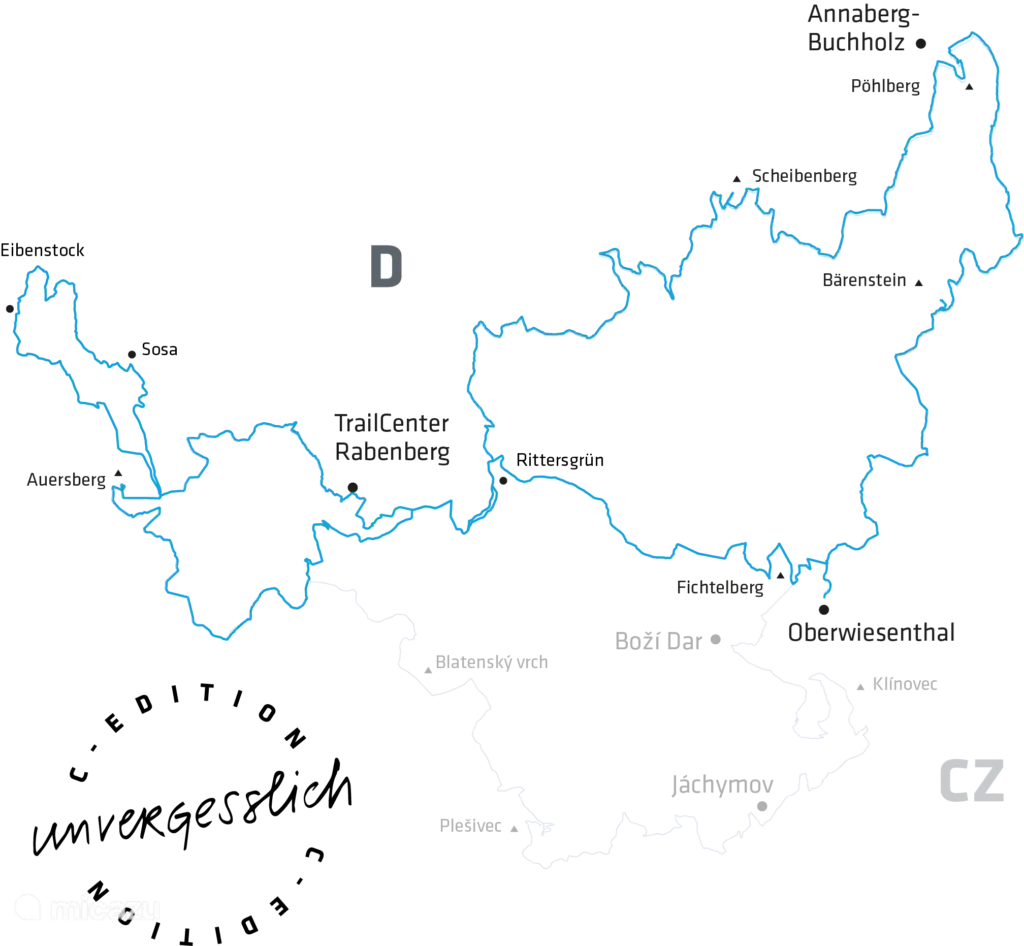 Starten Sie 500 Meter von der Hütte entfernt! 2 Länder, Gipfel, 4.400 Höhenmeter - erleben Sie ein faszinierendes Mountainbike-Abenteuer voller Emotionen in den tiefen Wäldern des Erzgebirges.