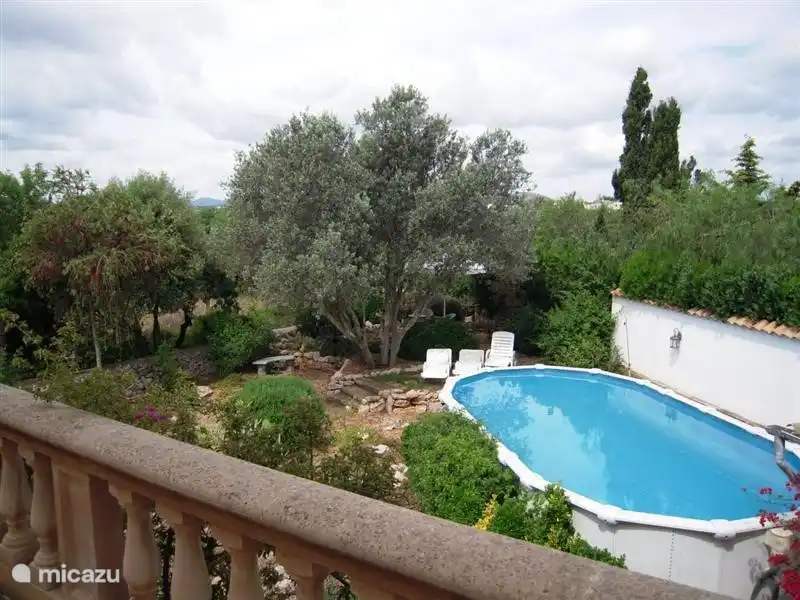Blick vom Balkon zum Garten und Pool