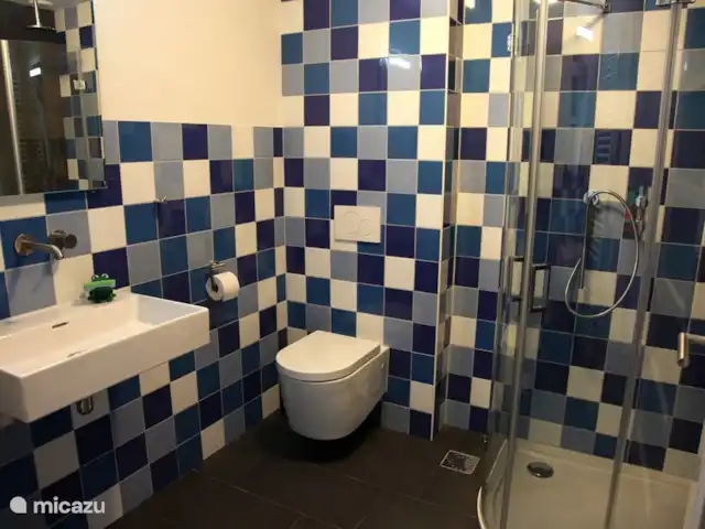 Grieta de Van Dam en Países Bajos, Frise, Oosterbierum - casa vacacional El baño azul se encuentra junto a un amplio dormitorio con una cama doble y literas.
La cama doble se puede convertir en dos finas camas individuales.