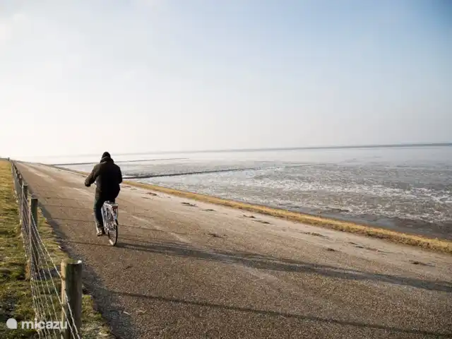 Grieta de Van Dam en Países Bajos, Frise, Oosterbierum - casa vacacional Ciclismo en el malecón, con vistas al mar de Wadden.