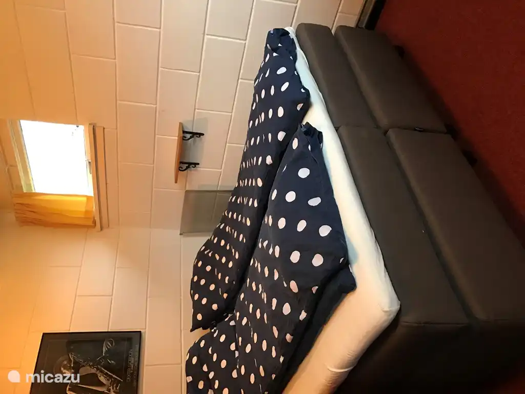 La chambre avec un sommier Karlsson pour deux personnes (1 chambre), avec de grandes fenêtres donnant sur le jardin.