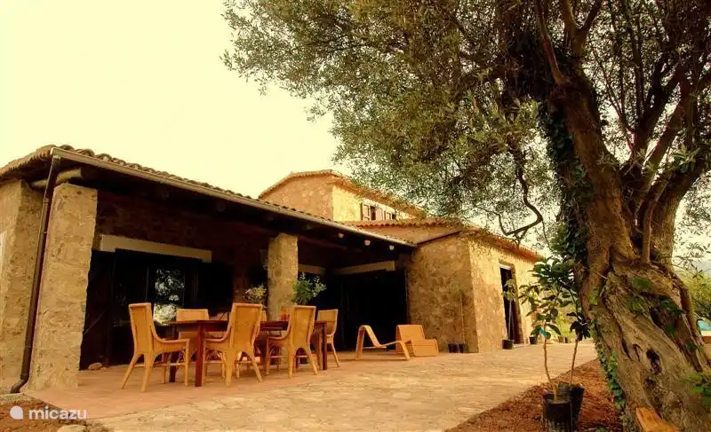 Auf der Terrasse / Portikus an der Vorderseite des Hauses ist ein 8-Sitzer Esstisch.