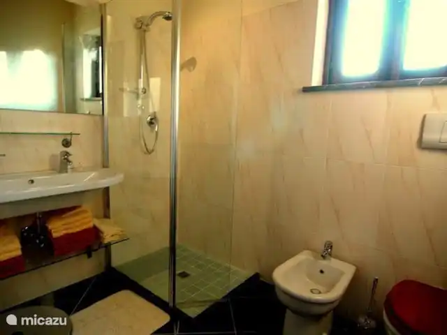 Valle degli Olivi | Italie, Campanie, Roccagloriosa - villa la salle de bain au rez-de-chaussée avec double vasque, toilettes, bidet et cabine de douche