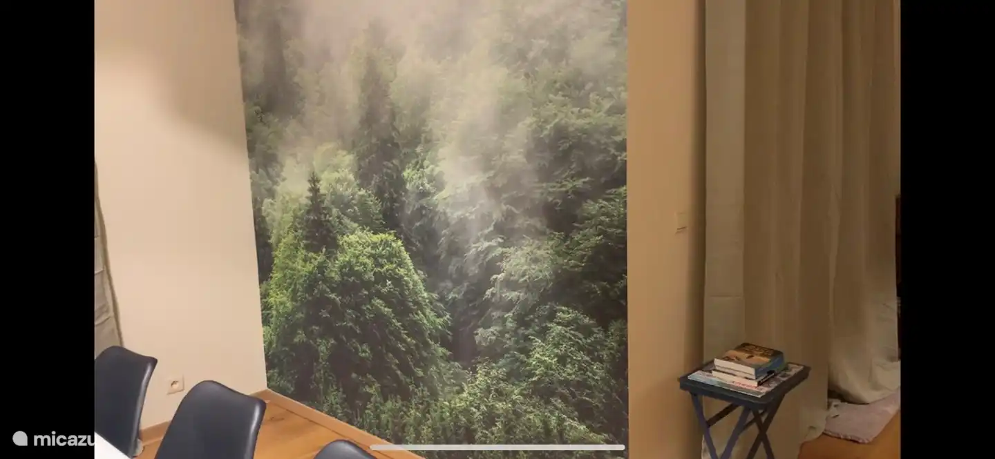 Das Esszimmer wurde mit Fototapeten verschönert.