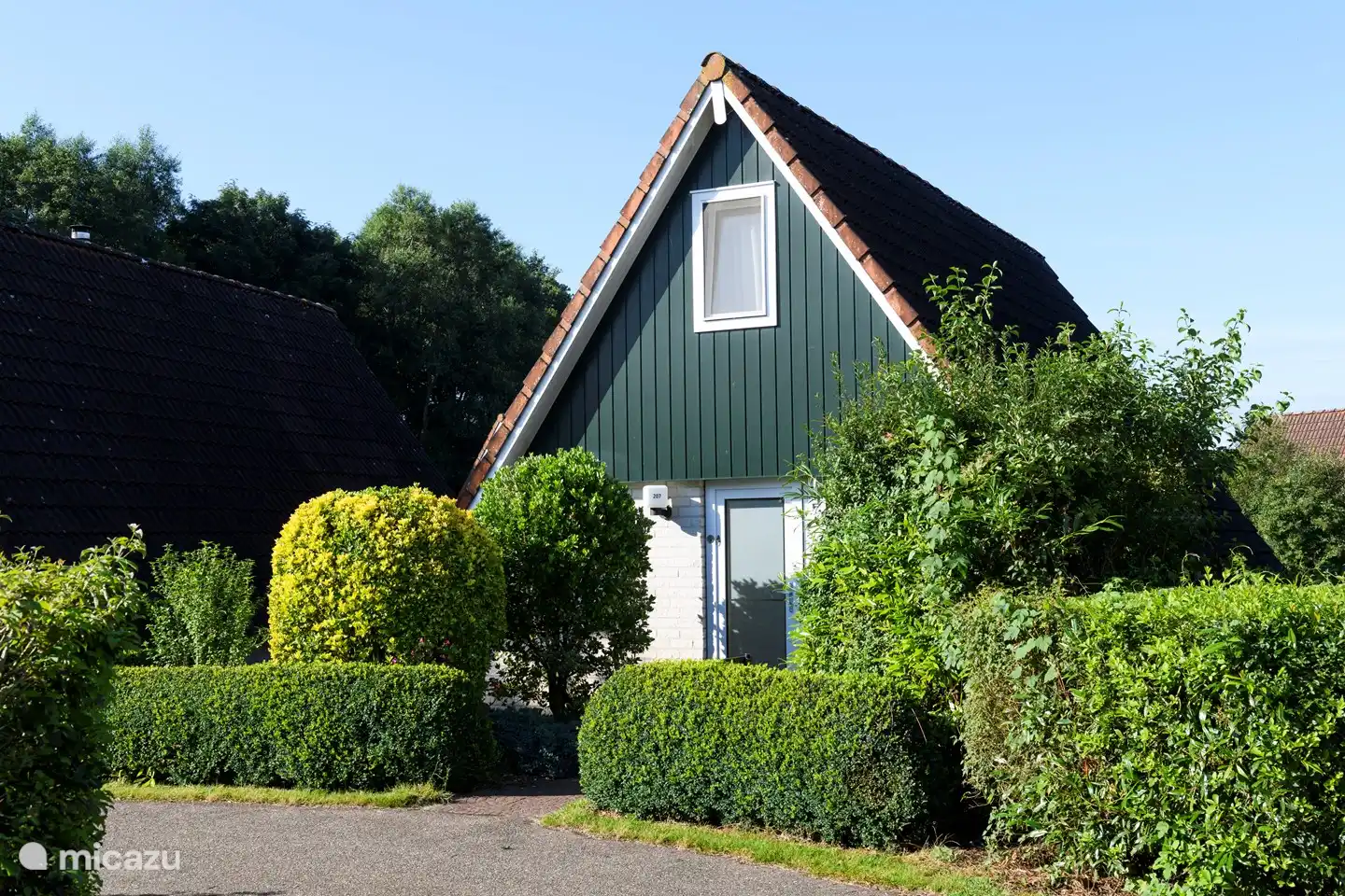 Das Einfamilienhaus mit Pflanzen und Gras ringsum.