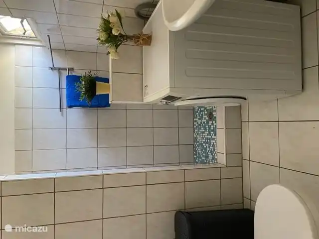 El bonito baño con agua caliente y lavadora.