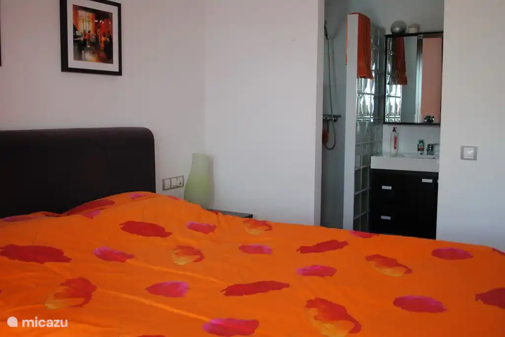 Schlafzimmer mit Badezimmer en suite (mit Waschbecken, Dusche und Toilette), Klimaanlage und Blick über den Olivenhain.