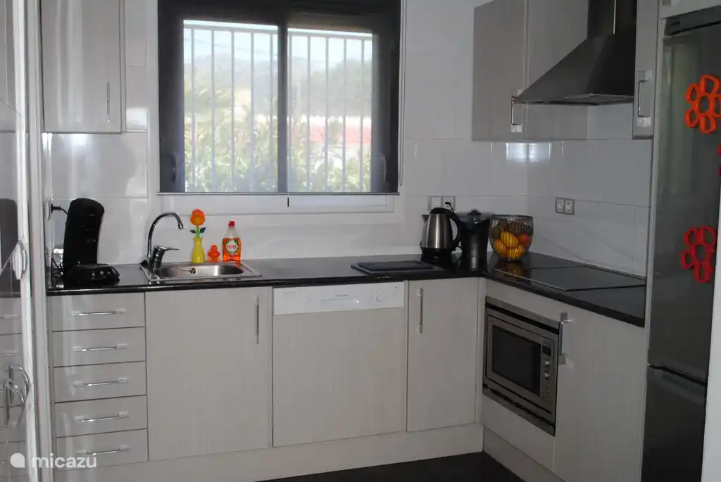 Küche mit Geschirrspüler, Induktionskochfeld, Mikrowelle, Kühlschrank mit Gefrierfach und Waschmaschine.