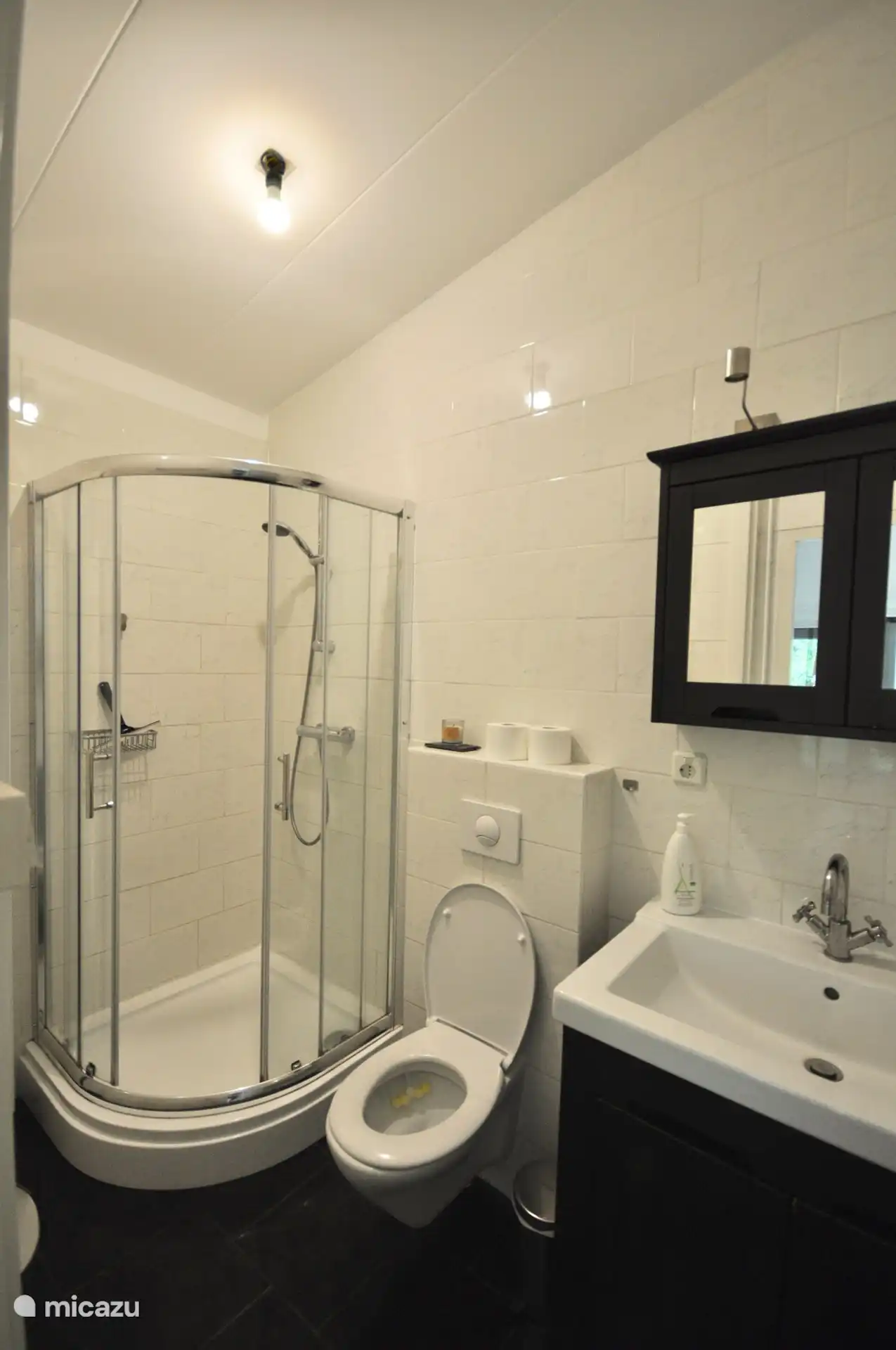 Das Badezimmer mit Eckdusche, Schrank für Badutensilien, Waschbecken und Toilette mit Spiegelschrank.