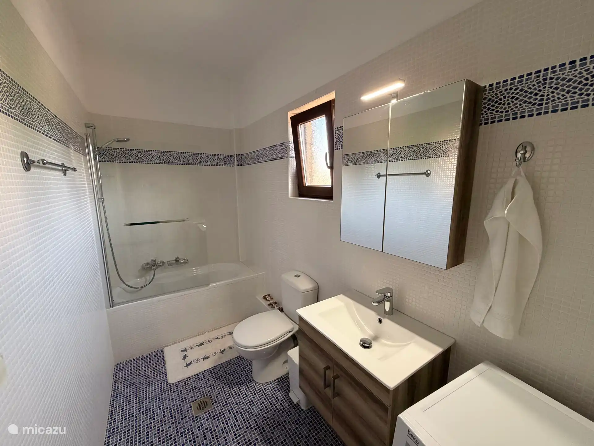 Badkamer boven met wasmachine, bad met douche en toilet